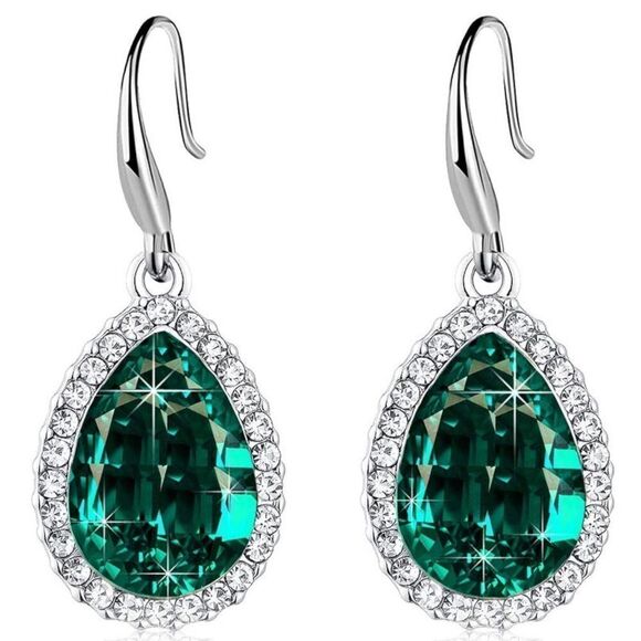 14K White Gold with Emerald Green Austrian Crystal Teardrop Halo Hook Earrings